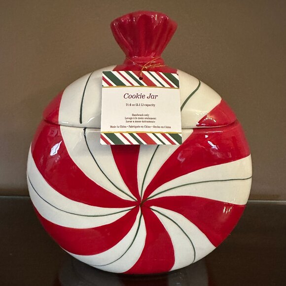 Peppermint Christmas FESTIVE CANDY Striped Cookie Jar Ceramic 9x7" NWT - Picture 1 of 8